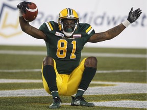 Edmonton Eskimos D'haquille Williams (81) celebrates a touchdown against the B.C. Lions during second half CFL action in Edmonton, Alta., on Friday June 29, 2018.