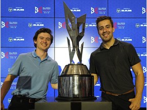 Kailer Yamamoto (left) and Evan Bouchard (right) with the Hlinka Gretzky Cup at Rogers Place in Edmonton on June 26, 2018. The tournament begins Monday at Rogers Place.