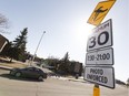 A playground speed zone sign is seen near St. Bonaventure Elementary School along 30 Street in Edmonton, on Thursday, April 19, 2018.