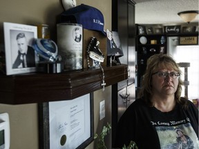 Kim Krupa son's Tanner Krupa was slain in Surrey, B.C., last year after moving there from Edmonton for work. Kim Krupa and investigators appealed to the public for answers on Tuesday, Aug. 21, 2018.