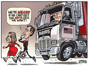 Justin Trudeau and Canada threaten to walk away if they can't secure the NAFTA deal they want. (Cartoon by Malcolm Mayes)