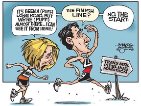 Editorial cartoonist Malcolm Mayes depicts Alberta Premier Rachel Notley and Prime Minister Justin Trudeau struggling to get to the start of the Trans Mountain pipeline marathon.