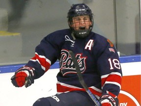 Regina Pats Canadians centre Matthew Culling celebrates a goal against the Valley West Hawks during game action at the Mac's AAA Midget Hockey Tournament at Max Bell arena in Calgary on Dec. 27, 2017.