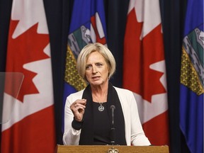 Alberta Premier Rachel Notley speaks at a news conference in Edmonton on Thursday August 30, 2018. Notley says she's pulling the province out of the federal climate change plan.