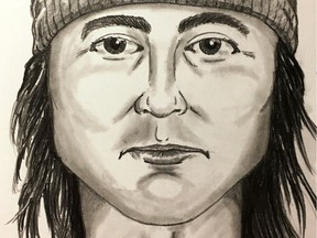 A composite sketch of a man suspected of peering through the bedroom windows of young women in the McKernan neighbourhood.