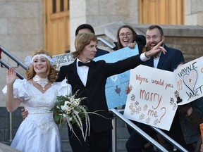 A reenactment of the wedding of Wayne Gretzky and Janet Jones outside St. Joseph's Basilica by performance artist Thierry Marceau is part of The Great One's Back, part of Nuit Blanche showing at the Art Gallery of Alberta from 7 p.m. Saturday until 7 a.m. Sunday.