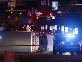 Edmonton police rammed a speeding truck with a cruiser to end a truck attack on the night of Sept. 30, 2017, flipping it onto its side at 100 Avenue and 106 Street.