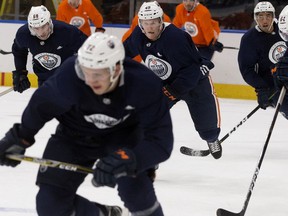 Tyler Benson (#49) takes part in the Edmonton Oilers rookie camp at Rogers Place, in Edmonton Monday Sept. 10, 2018.