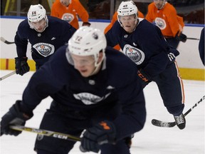 Tyler Benson (#49) takes part in the Edmonton Oilers rookie camp at Rogers Place, in Edmonton Monday Sept. 10, 2018.