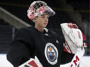 Goaltender Olivier Rodrigue takes part in the Edmonton Oilers rookie camp at Rogers Place, in Edmonton Monday Sept. 10, 2018. Photo by David Bloom