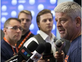 Head Coach Todd McLellan speaks to the media during the opening day of the Edmonton Oiler's training camp at Rogers Place, Thursday Sept. 13, 2018. Photo by David Bloom