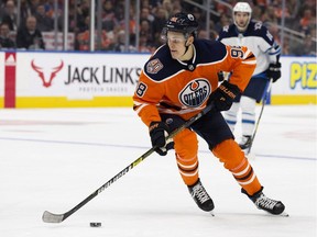 Edmonton Oilers forward Jesse Puljujarvi moves the puck during NHL pre-season game on Sept. 20, 2018, against the Winnipeg Jets at Edmonton's Rogers Place. The Oilers won 7-3.