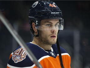 Edmonton Oilers forward Pontus Aberg prior to his team's NHL pre-season game on Sept. 20, 2018, against the Winnipeg Jets at Edmonton's Rogers Place.