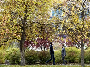 Pedestrians walk through the fall colors at the University of Alberta, in Edmonton Wednesday Sept. 26, 2018.