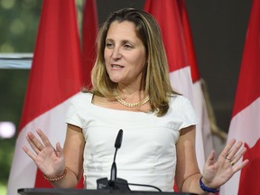 Foreign Minister Chrystia Freeland speaks at the Canadian Embassy in Washington, D.C.