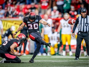 Calgary Stampeders Rene Paredes kicks the game-winning field goal, beating the Edmonton Eskimos 23-20 during the Labour Day Classic in Calgary on Monday, September 3, 2018.