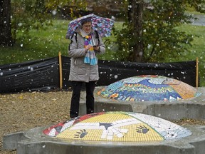 Kate Gunn views a piece of ceramic tile and concrete artwork by indigenous artist Jerry Whitehead at the opening of the Indigenous Art Park at Queen Elizabeth Park in Edmonton on Saturday September 15, 2018.