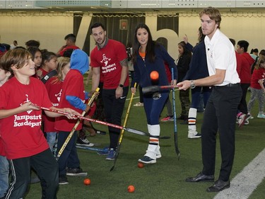 Edmonton Oilers star Connor McDavid , right, participates in the Jumpstart Games with 300 children at the Commonwealth Community Recreation Centre on Sept. 11, 2018. McDavid and the Edmonton Oilers Community Foundation gave $85.000 over three years to an initiative that promotes sports and physical activity in Indigenous communities.