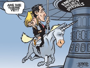 Rachel Notley and Justin Trudeau ride the Energy Project Approval merry-go-round. (Cartoon by Malcolm Mayes)