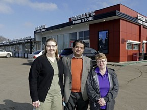 Business owners Katherine Holyk of 
Holyk's Denture Centre, Dave Agnihotri of Shelly's Food Store and Jocelyn Dearing of KJ Bowl at a strip mall in the northeast Edmonton community of Newton. A city pilot project is breathing new life into a couple of old strip malls, hoping the lessons they learn can be expanded to help the more than 100 centres scattered throughout Edmonton's mature neighbourhoods.