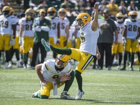 Kicker Sean Whyte (6)of the Edmonton Eskimos, playing the Saskatchewan Roughriders at Commonwealth Stadium on May 27, 2018 in Edmonton. Photo by Shaughn Butts / Postmedia