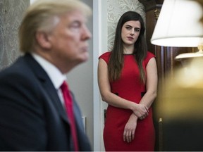 Madeleine Westerhout watches as President Donald Trump speaks during a meeting with North Korean defectors in the Oval Office on Feb. 2.