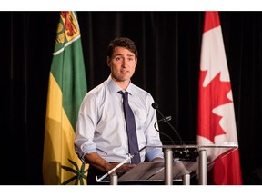 Prime Minister Justin Trudeau addresses the Liberal Party National Caucus meeting in Saskatoon on Wednesday, September 12, 2018.