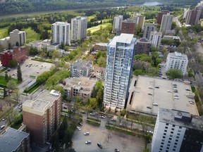 A rendering showing how The View, a 23-storey glass tower proposed for Grandin, would sit in the Oliver neighbourhood. The revised project from Westrich Pacific is going to city council for consideration of rezoning on Sept. 17, 2018.
