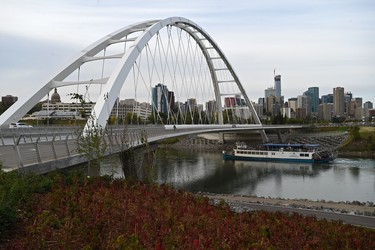 The Edmonton Queen Riverboat about to go under the Walterdale Bridge at the grand opening ceremony, the contractor just finished the final trail connections and is now basically done the $155-million bridge in Edmonton, September 6, 2018.