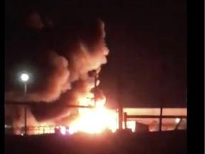 An outdoor fire broke out in the Nisku Business Park industrial area Wednesday night. (Screenshot)