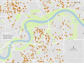 A screen capture from the City of Edmonton's new secondary suites map, aimed at letting neighbours and renters know if a suite is legal. The map is at edmonton.ca/secondarysuites