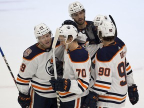 Edmonton Oilers forward Ryan McLeod, No. 70, celebrates his goal against the NAIT-MacEwan All-Stars during first period action on Sept. 11, 2018 in Edmonton.