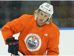 Edmonton Oiler rookie William Lagesson skates during the Oilers rookie training camp at Rogers Place in Edmonton on Friday September 7, 2018.