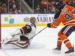 Edmonton Oilers' Connor McDavid beats Arizona Coyotes goalie Antti Raanta in overtime to give the Oilers a 3-2 win in NHL pre-season action Thursday at Rogers Place.