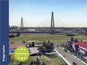 A rendering of the proposed LRT bridge over the Yellowhead Trail and CN Rail yards to be shown to the public from 5:30 to 7:30 p.m. on Thursday, Sept. 13, 2018 at the Spruce Avenue Community League, 10240 115 Ave.