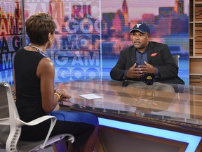 This image released by ABC shows co-host Robin Roberts, left, with "The Cosby Show" actor Geoffrey Owens during an interview on "Good Morning America," Tuesday, Sept. 4, 2018, in New York.