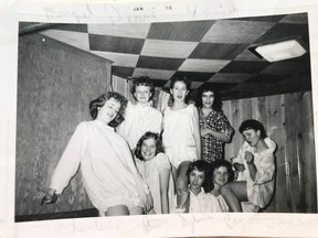 King Edward school students who met in Grade 1 in 1950 had fun and still enjoy one another's company. Here are some at a pajama party in school years. Upper row, left to right, are Charlene Oldring (Gilbert), Margaret Reid (Smith), Diane Gaudette (Prysko), and Enid Bear (Boyer). In the lower row, left to right, are Beverly Milner (Sziron), Sylvi Olinger (Russel), Peggy McManus (Goos) and Alice Rebus.