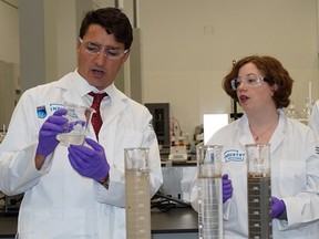 Prime Minister Justin Trudeau and Dr. Heather Kaminsky at the Northern Alberta Institute of Technology (NAIT) in Edmonton where the prime minister spoke to researchers about bitumen extraction processes on Wednesday, Sept. 5, 2018.