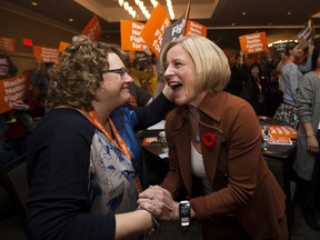 Alberta Premier Rachel Notley greets a supporter before giving a speech at the Alberta NDP convention in Edmonton on Sunday, Oct. 28, 2018.