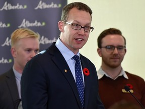 Advanced Education Minister Marlin Schmidt speaks at a news conference on Monday, Oct. 29, 2018 about a bill that was introduced  to cap post-secondary education tuition in Edmonton.
