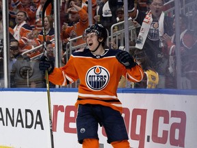 The Edmonton Oilers' Kailer Yamamoto (56) celebrates his goal against the Boston Bruins during second period NHL action at Rogers Place, in Edmonton Thursday Oct. 18, 2018. Photo by David Bloom