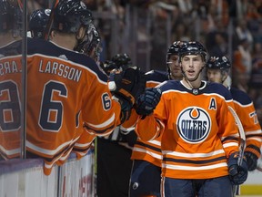 The Edmonton Oilers' Ryan Nugent-Hopkins (93) celebrates his third period goal against the Boston Bruins at Rogers Place, in Edmonton Thursday Oct. 18, 2018. The Oilers won 3-2 in overtime. Photo by David Bloom