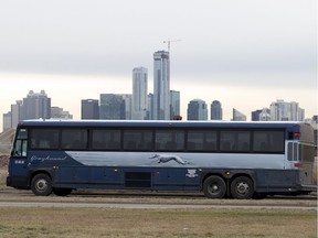 A Greyhound bus leaves the Edmonton Greyhound station on Wednesday, Oct. 31, 2018.