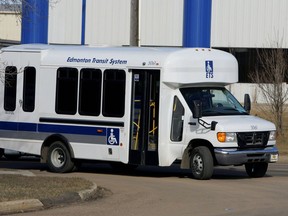 An Edmonton Transit Service DATS bus turns the corner off 86 Street onto 57 Avenue on Oct. 12, 2018.