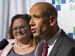 Dr David Zygun speaks while Sarah Hoffman, Minister of Health listens during an announcement that the Government of Alberta is investing $12 million to advance the development of a new neurosciences intensive care unit (neuro ICU) at the University of Alberta Hospital on Wednesday, Oct. 3, 2018 in Edmonton.