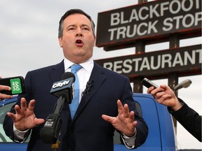 UCP leader Jason Kenney talks with media during a press conference at the Blackfoot Truck Stop in Calgary on Wednesday October 24, 2018. Gavin Young/Postmedia