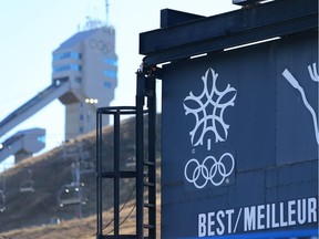 The 1988 Winter Olympics logo and rings mark the score board for the sliding track at Canada Olympic Park on Monday, October 29, 2018.