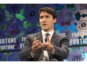 Prime Minister Justin Trudeau speaks at the Fortune Global Forum in Toronto on Monday, October 15, 2018.