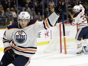 Edmonton Oilers center Leon Draisaitl (29) celebrates after scoring a goal against the Nashville Predators in the third period Saturday, Oct. 27, 2018, in Nashville, Tenn.