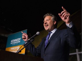 Vancouver mayor-elect Kennedy Stewart speaks to his supporters at the Waldorf Hotel in Vancouver in the early-morning hours of Oct. 21, 2018.